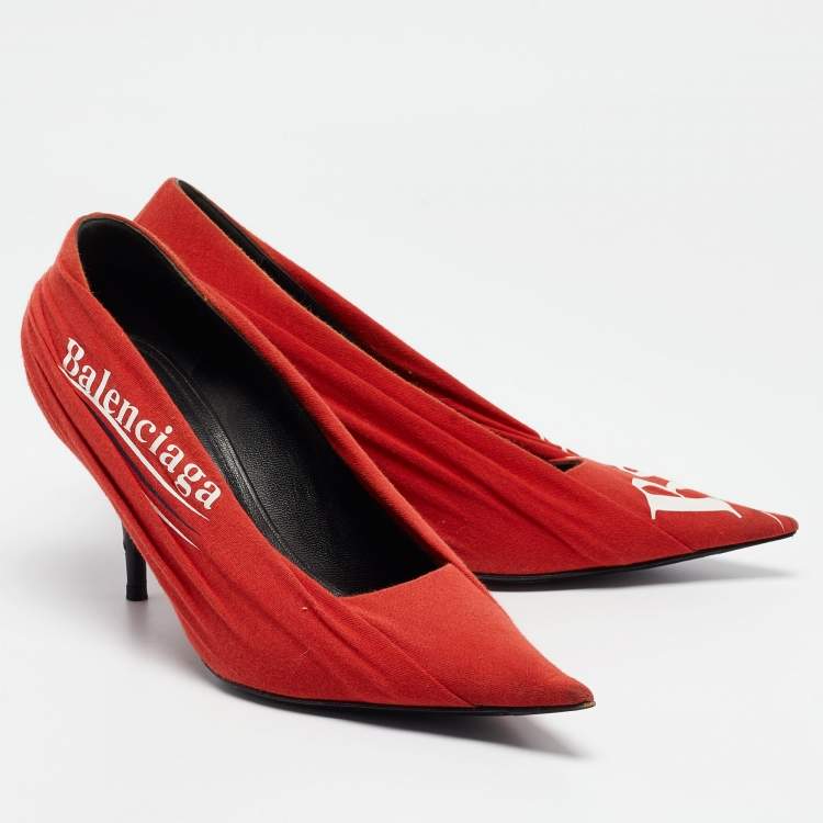 Pre Owned Balenciaga Red Pleated Fabric Logo Print Knife Pumps Size 38