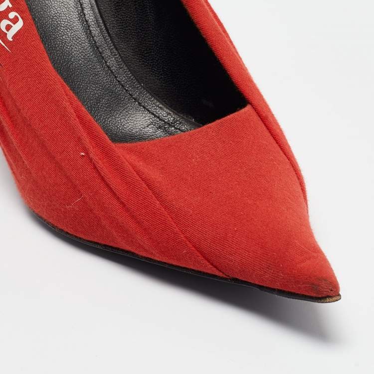 Pre Owned Balenciaga Red Pleated Fabric Logo Print Knife Pumps Size 38