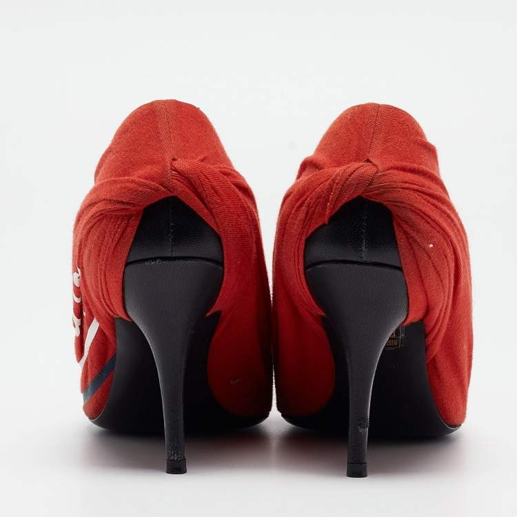 Pre Owned Balenciaga Red Pleated Fabric Logo Print Knife Pumps Size 38