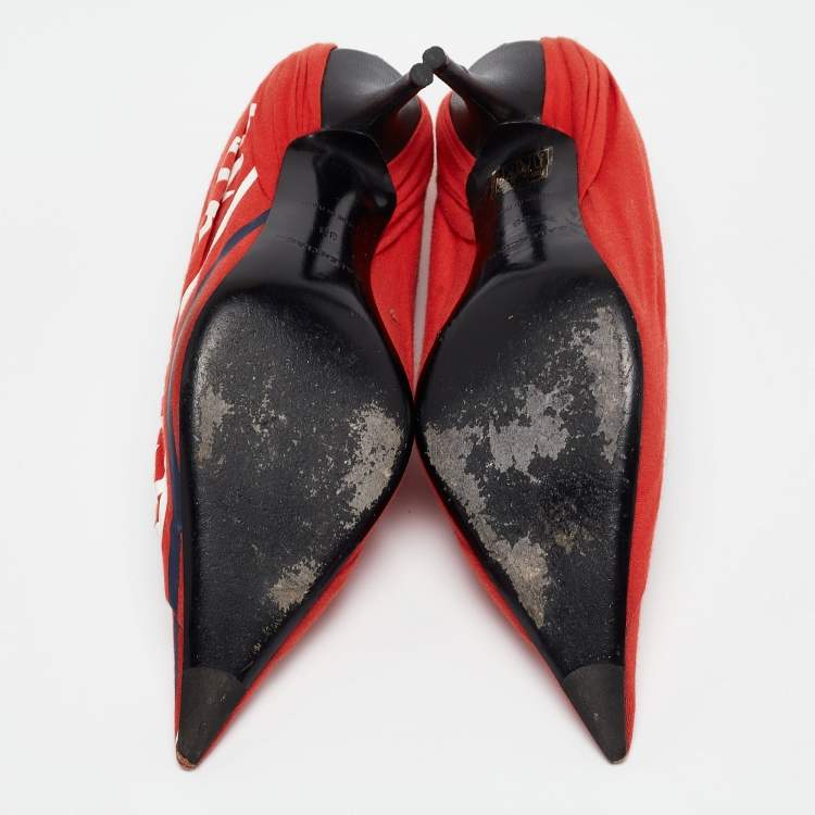 Pre Owned Balenciaga Red Pleated Fabric Logo Print Knife Pumps Size 38