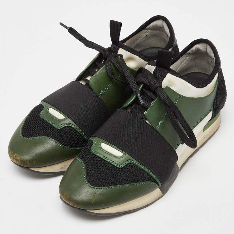 Pre Owned Balenciaga Green/Black Leather and Mesh Race Runner Sneakers Size 38
