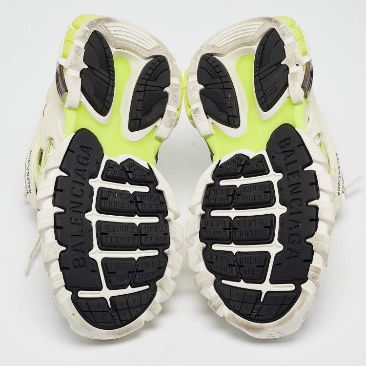 Pre Owned Balenciaga White/Neon Green Rubber and Mesh Track 2 Sneakers Size 36