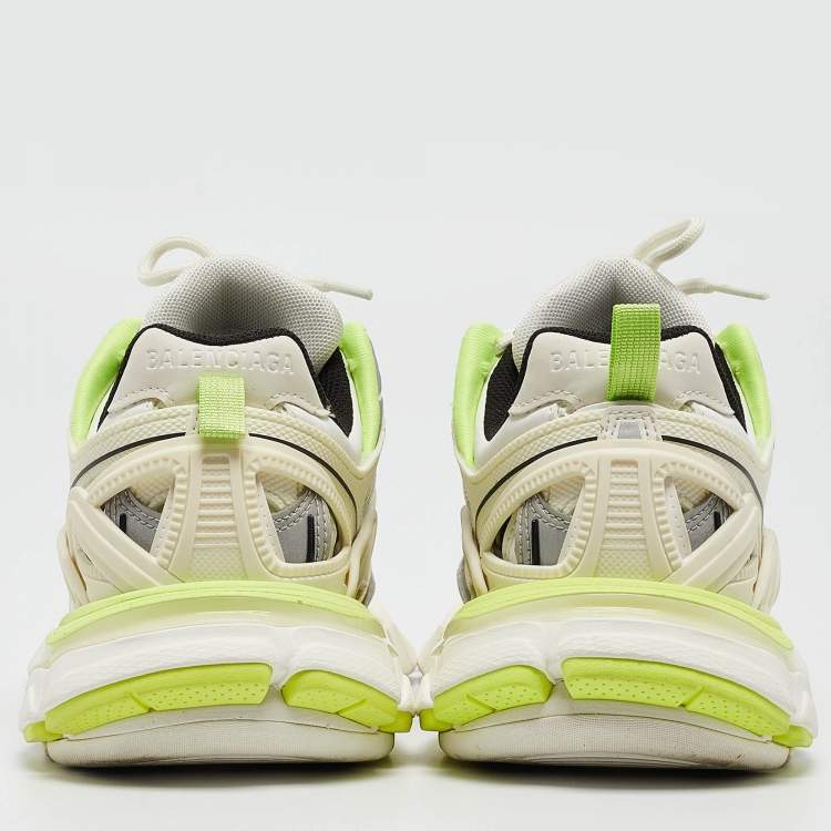 Pre Owned Balenciaga White/Neon Green Rubber and Mesh Track 2 Sneakers Size 36