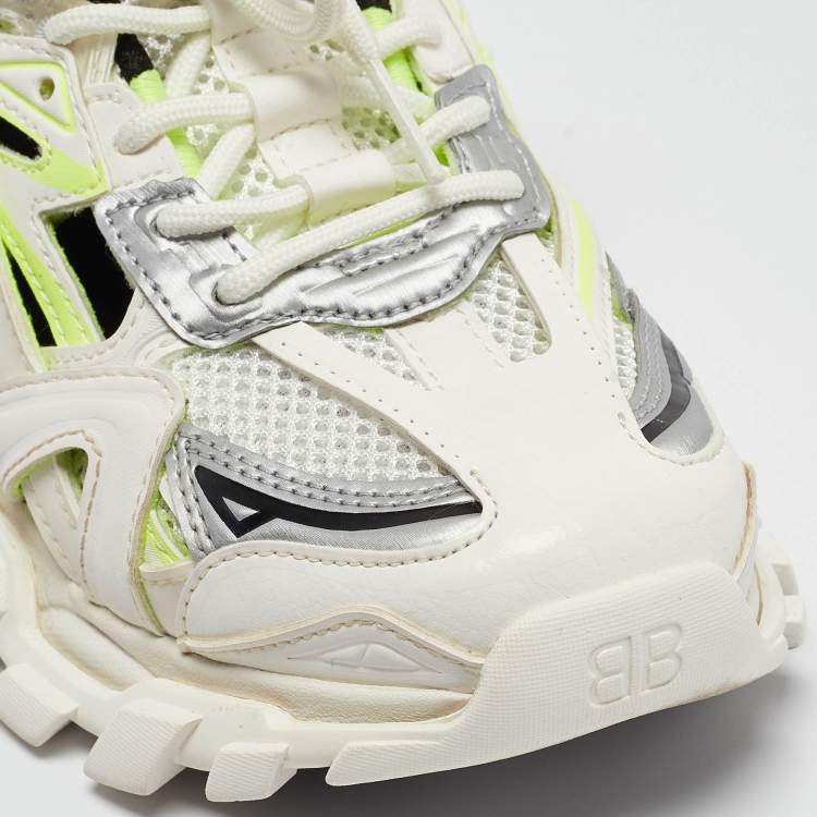 Pre Owned Balenciaga White/Neon Green Rubber and Mesh Track 2 Sneakers Size 36