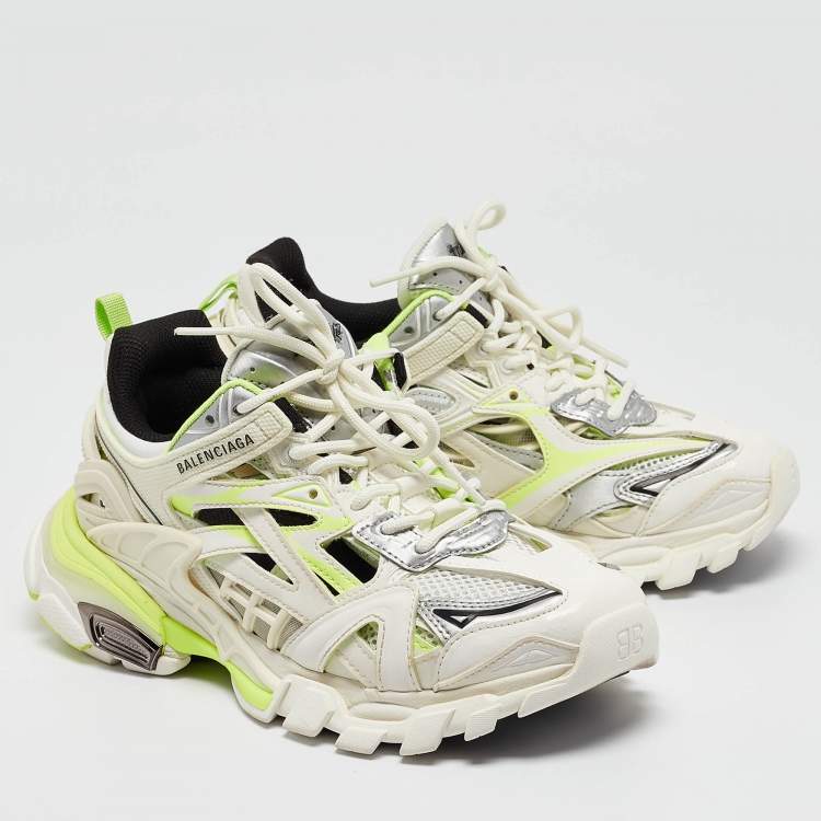 Pre Owned Balenciaga White/Neon Green Rubber and Mesh Track 2 Sneakers Size 36