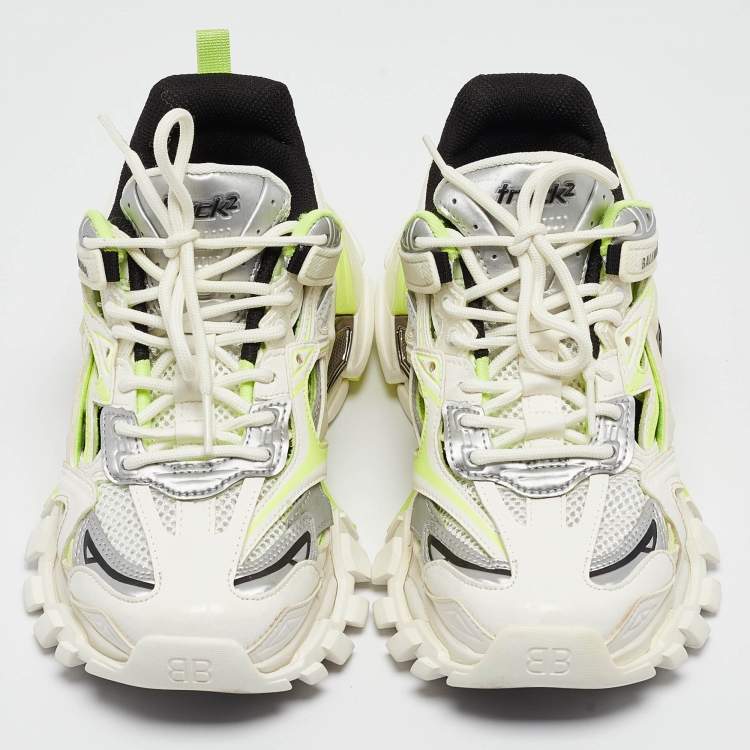 Pre Owned Balenciaga White/Neon Green Rubber and Mesh Track 2 Sneakers Size 36