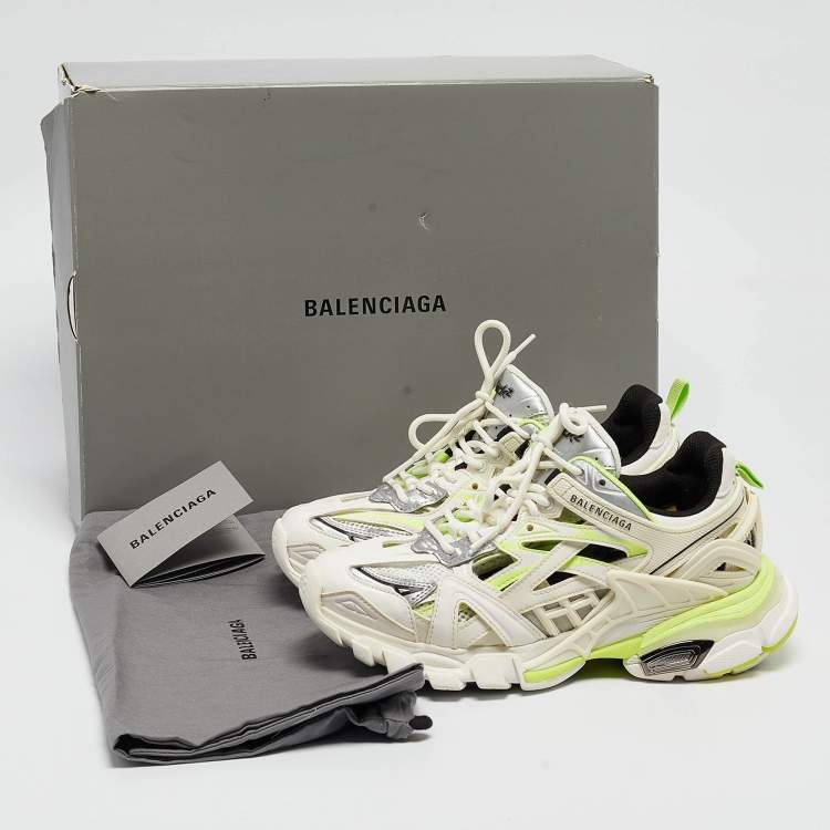 Pre Owned Balenciaga White/Neon Green Rubber and Mesh Track 2 Sneakers Size 36