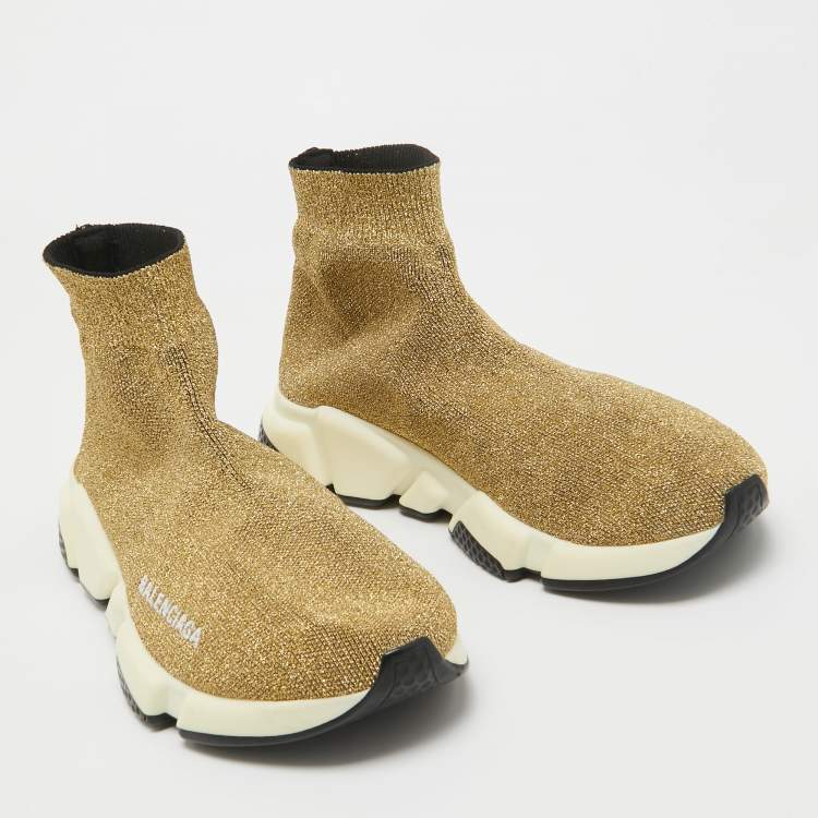 Pre Owned Balenciaga Gold Lurex Fabric Speed Trainer Low Top Sneakers Size 37