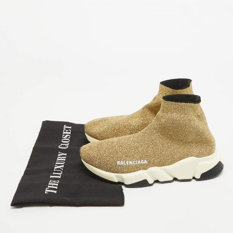 Pre Owned Balenciaga Gold Lurex Fabric Speed Trainer Low Top Sneakers Size 37