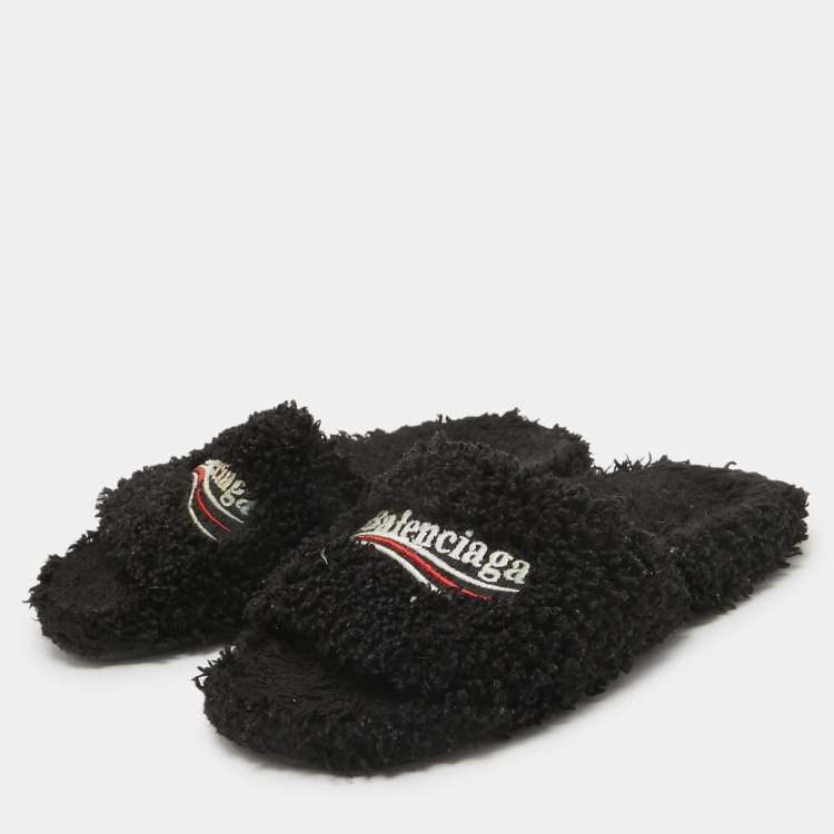 Pre Owned Balenciaga Black Shearing Fur Flat Slides Size 36