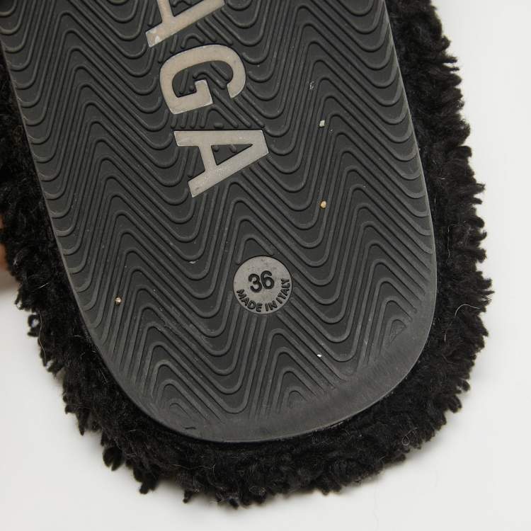 Pre Owned Balenciaga Black Shearing Fur Flat Slides Size 36