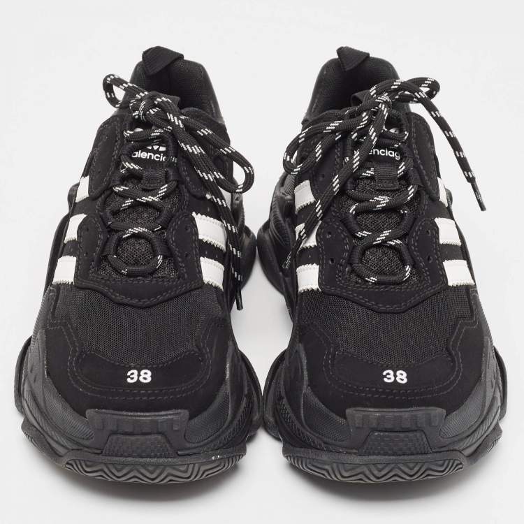 Pre Owned Balenciaga x Adidas Black/White Faux Leather and Mesh Triple S Sneakers Size 38