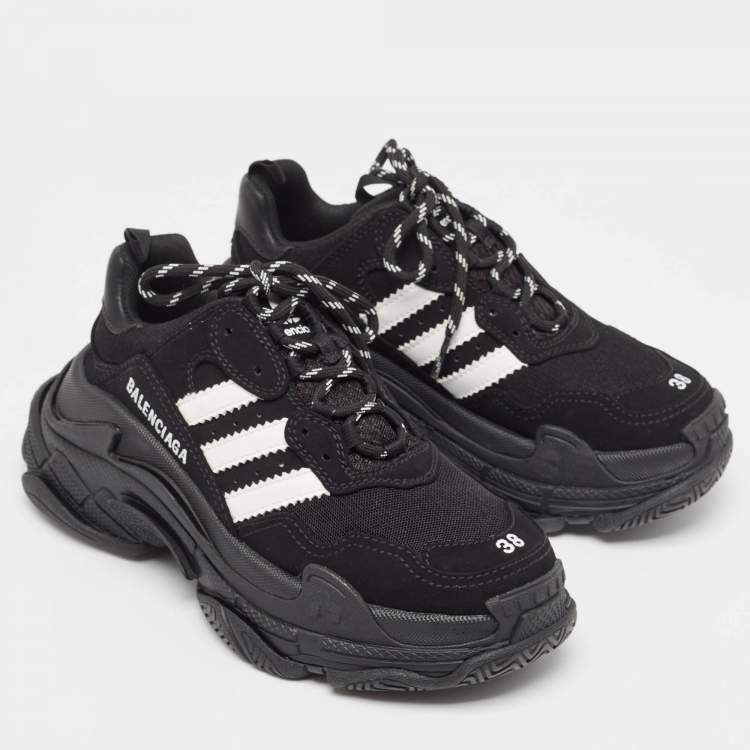 Pre Owned Balenciaga x Adidas Black/White Faux Leather and Mesh Triple S Sneakers Size 38