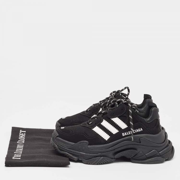 Pre Owned Balenciaga x Adidas Black/White Faux Leather and Mesh Triple S Sneakers Size 38