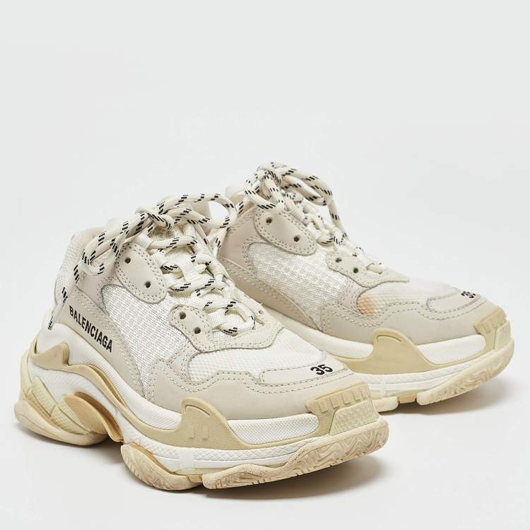 مملوكة مسبقًا Balenciaga White/Grey Mesh and Leather Triple S Sneakers Size 35