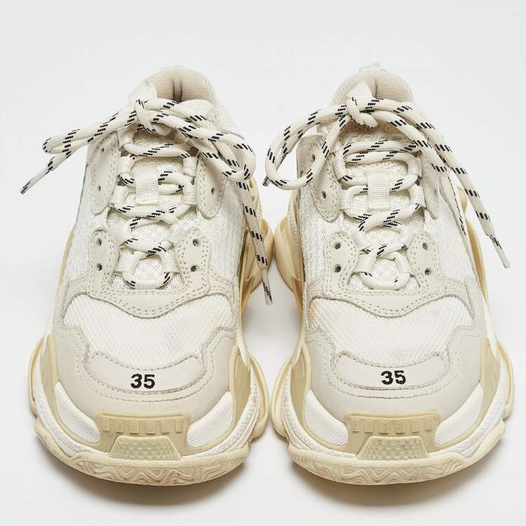 مملوكة مسبقًا Balenciaga White/Grey Mesh and Leather Triple S Sneakers Size 35