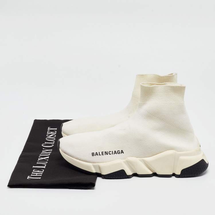 Pre Owned Balenciaga Off White Knit Fabric Speed Trainer Sneakers Size 35