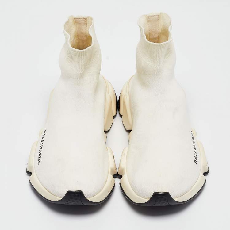 Pre Owned Balenciaga Off White Knit Fabric Speed Trainer Sneakers Size 35