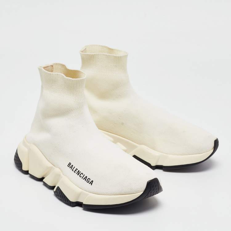 Pre Owned Balenciaga Off White Knit Fabric Speed Trainer Sneakers Size 35