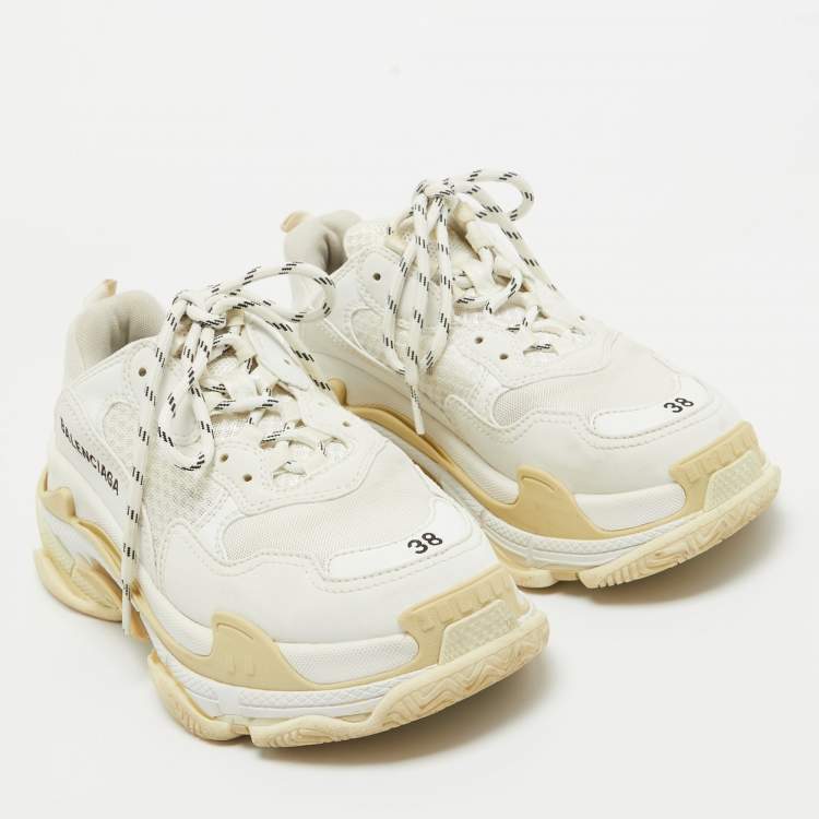 Pre Owned Balenciaga White Faux Leather and Mesh Triple S Sneakers Size 38