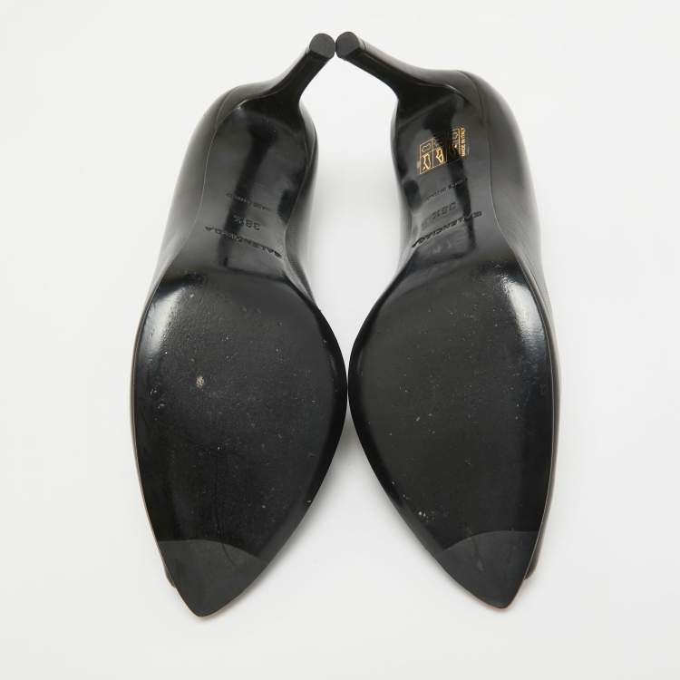 Pre Owned Balenciaga Black Leather V Neck Peep Toe Pumps Size 36.5