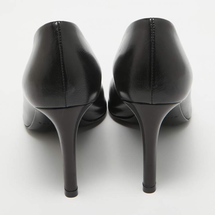 Pre Owned Balenciaga Black Leather V Neck Peep Toe Pumps Size 36.5