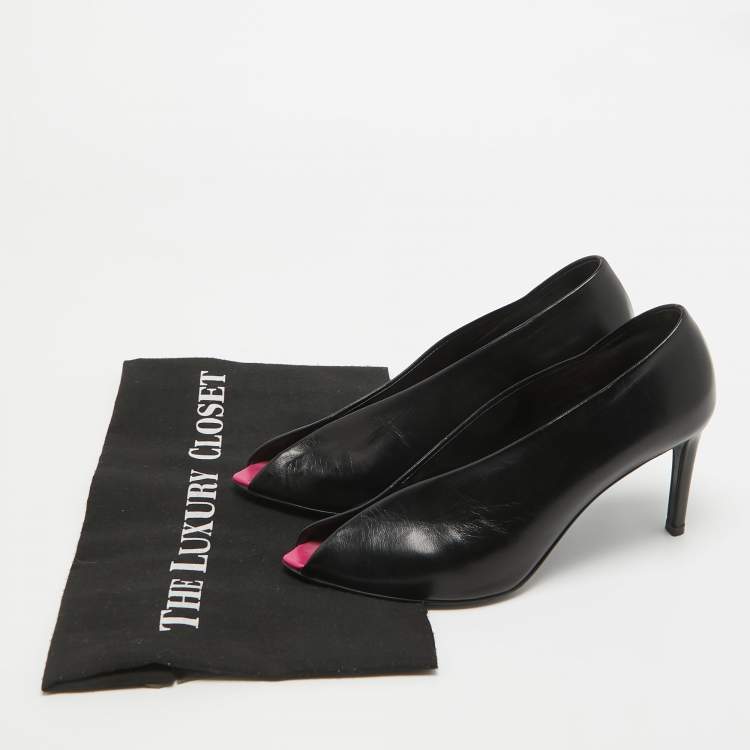 Pre Owned Balenciaga Black Leather V Neck Peep Toe Pumps Size 36.5