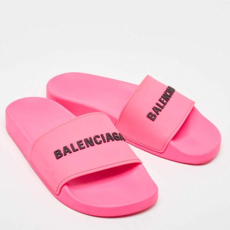 Pre Owned Balenciaga Pink Rubber Pool Flat Slides Size 37