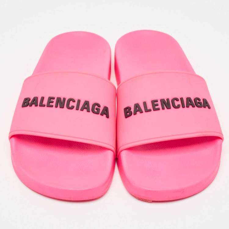 Pre Owned Balenciaga Pink Rubber Pool Flat Slides Size 37