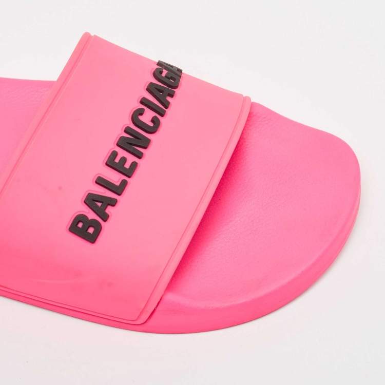 Pre Owned Balenciaga Pink Rubber Pool Flat Slides Size 37