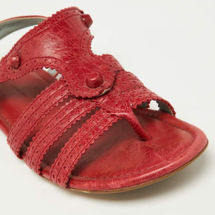 Pre Owned Balenciaga Red Leather Arena T-Strap Flat Sandals Size 39