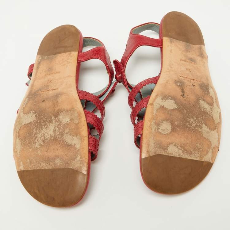 Pre Owned Balenciaga Red Leather Arena T-Strap Flat Sandals Size 39