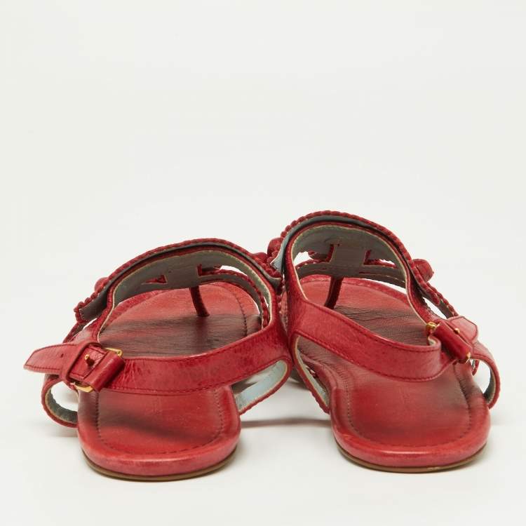Pre Owned Balenciaga Red Leather Arena T-Strap Flat Sandals Size 39