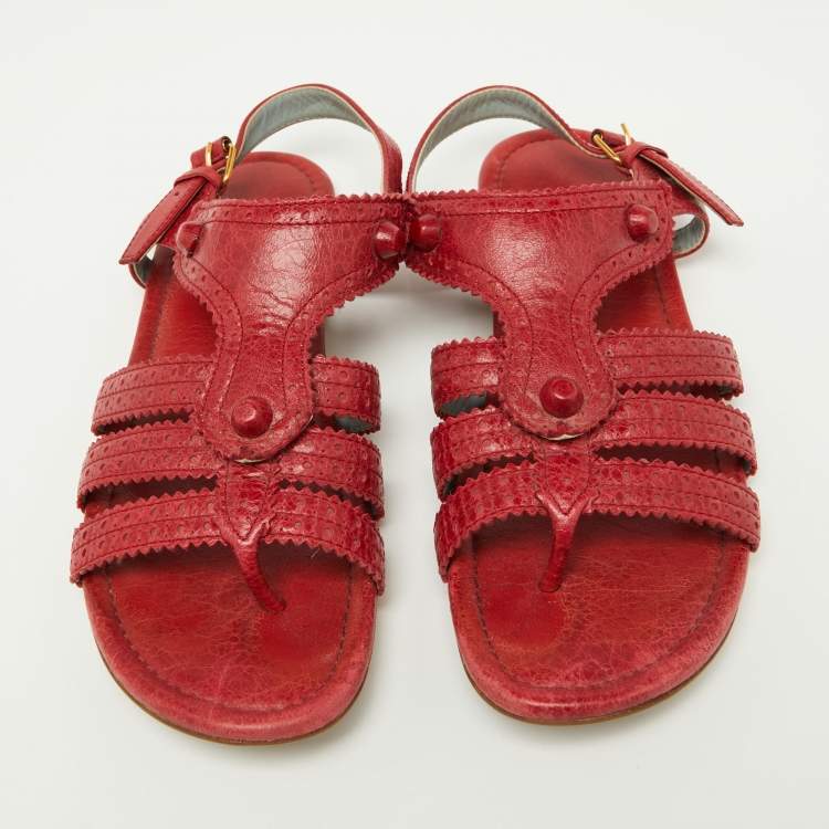 Pre Owned Balenciaga Red Leather Arena T-Strap Flat Sandals Size 39