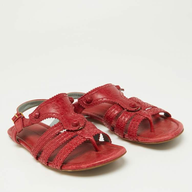 Pre Owned Balenciaga Red Leather Arena T-Strap Flat Sandals Size 39
