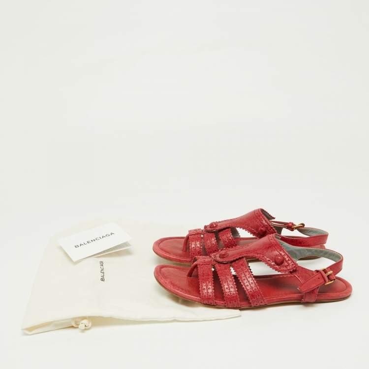 Pre Owned Balenciaga Red Leather Arena T-Strap Flat Sandals Size 39
