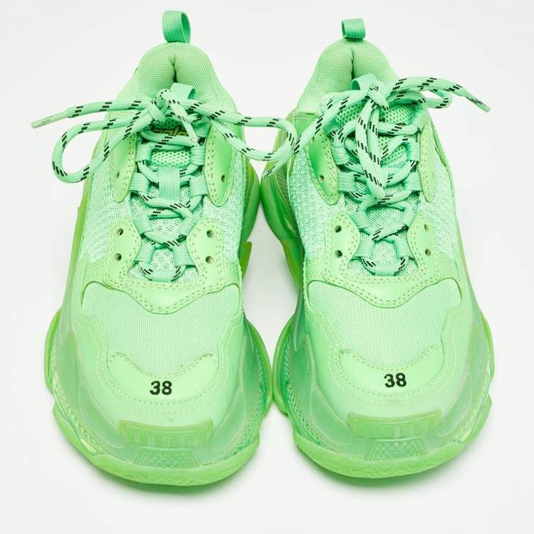 Pre Owned Balenciaga Neon Green Mesh and Leather Triple S Sneakers Size 38
