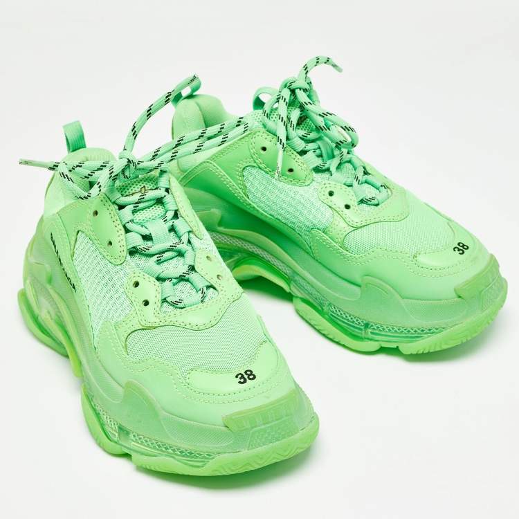 Pre Owned Balenciaga Neon Green Mesh and Leather Triple S Sneakers Size 38