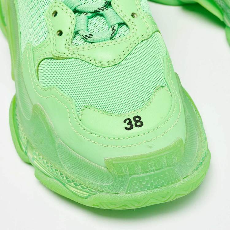 Pre Owned Balenciaga Neon Green Mesh and Leather Triple S Sneakers Size 38