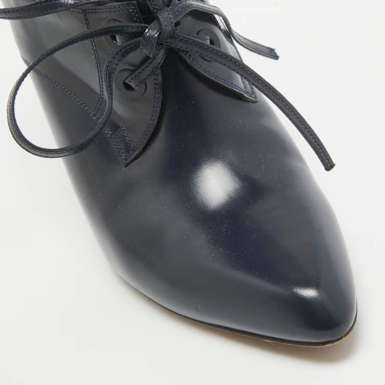 Pre Owned Balenciaga Navy Blue Leather Lace Up Ankle Booties Size 40