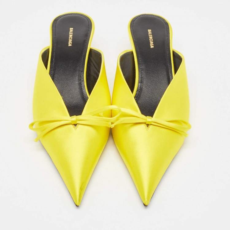 Pre Owned Balenciaga Yellow Satin Knife Bow Pointed Toe Mules Size 36.5
