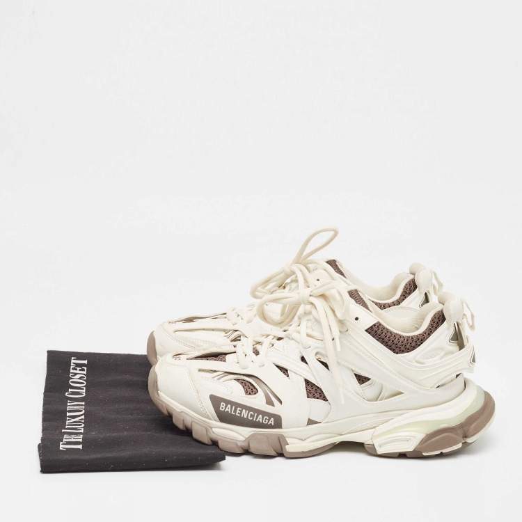 Pre Owned Balenciaga White/Brown Mesh Faux Leather Track Sneakers Size 39