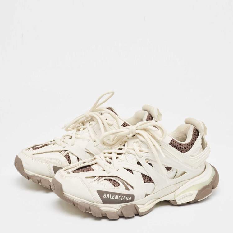 Pre Owned Balenciaga White/Brown Mesh Faux Leather Track Sneakers Size 39