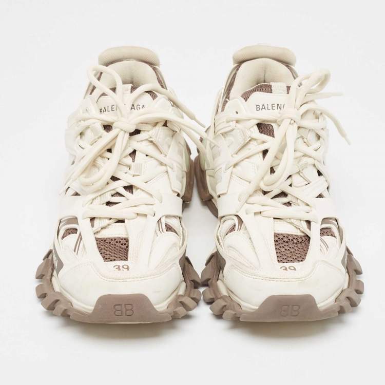Pre Owned Balenciaga White/Brown Mesh Faux Leather Track Sneakers Size 39