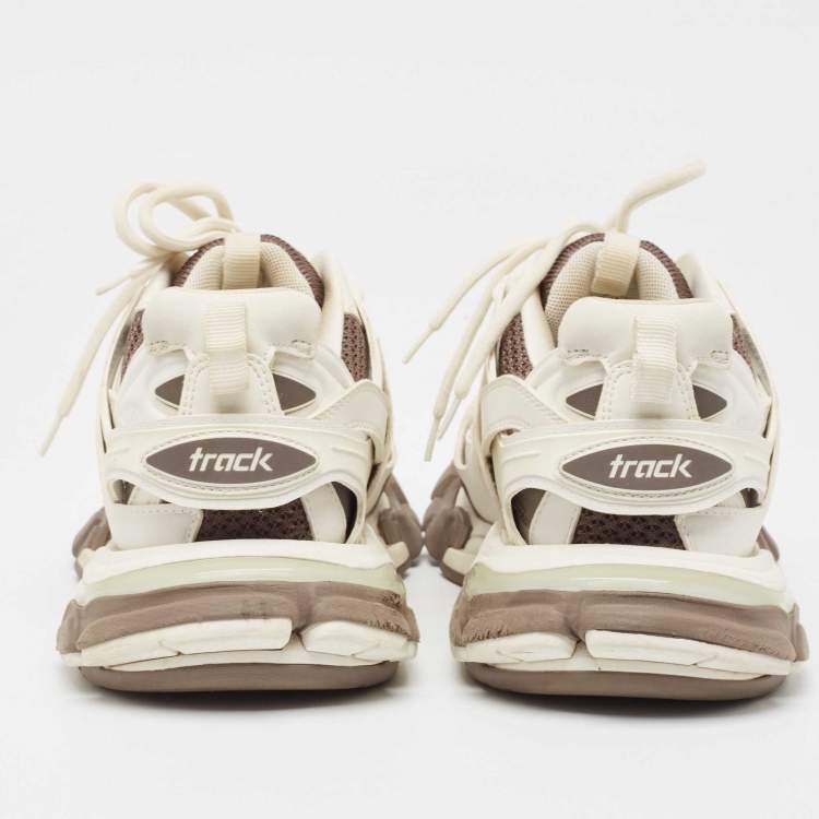 Pre Owned Balenciaga White/Brown Mesh Faux Leather Track Sneakers Size 39