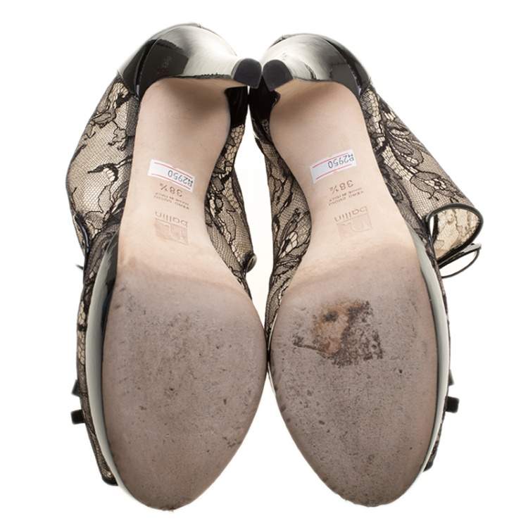 Pre Owned Ballin Black Lace Bow Detail Peep Toe Platform Sandals Size 38.5