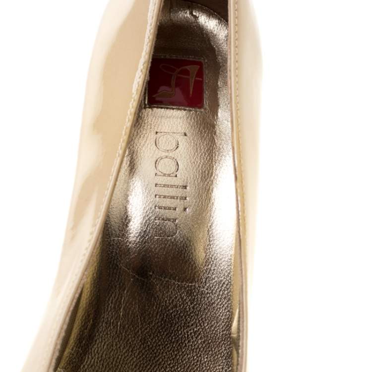 Pre Owned Ballin Beige Patent Leather Kintted Wedge Pumps Size 38