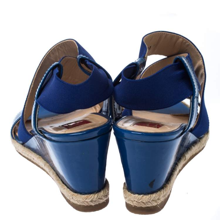 Pre Owned Ballin Blue Patent Leather And Canvas Espadrille Wedge Slingback Sandals Size 38
