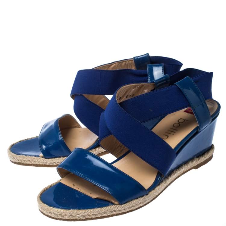 Pre Owned Ballin Blue Patent Leather And Canvas Espadrille Wedge Slingback Sandals Size 38
