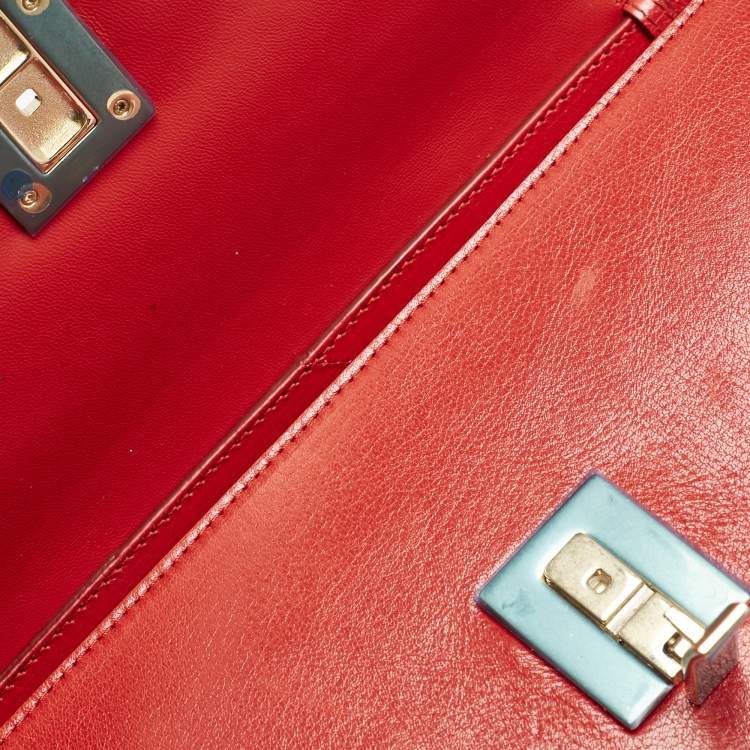 Pre Owned Bally Red/White Leather East/West Ollam Brief Top Handle Bag
